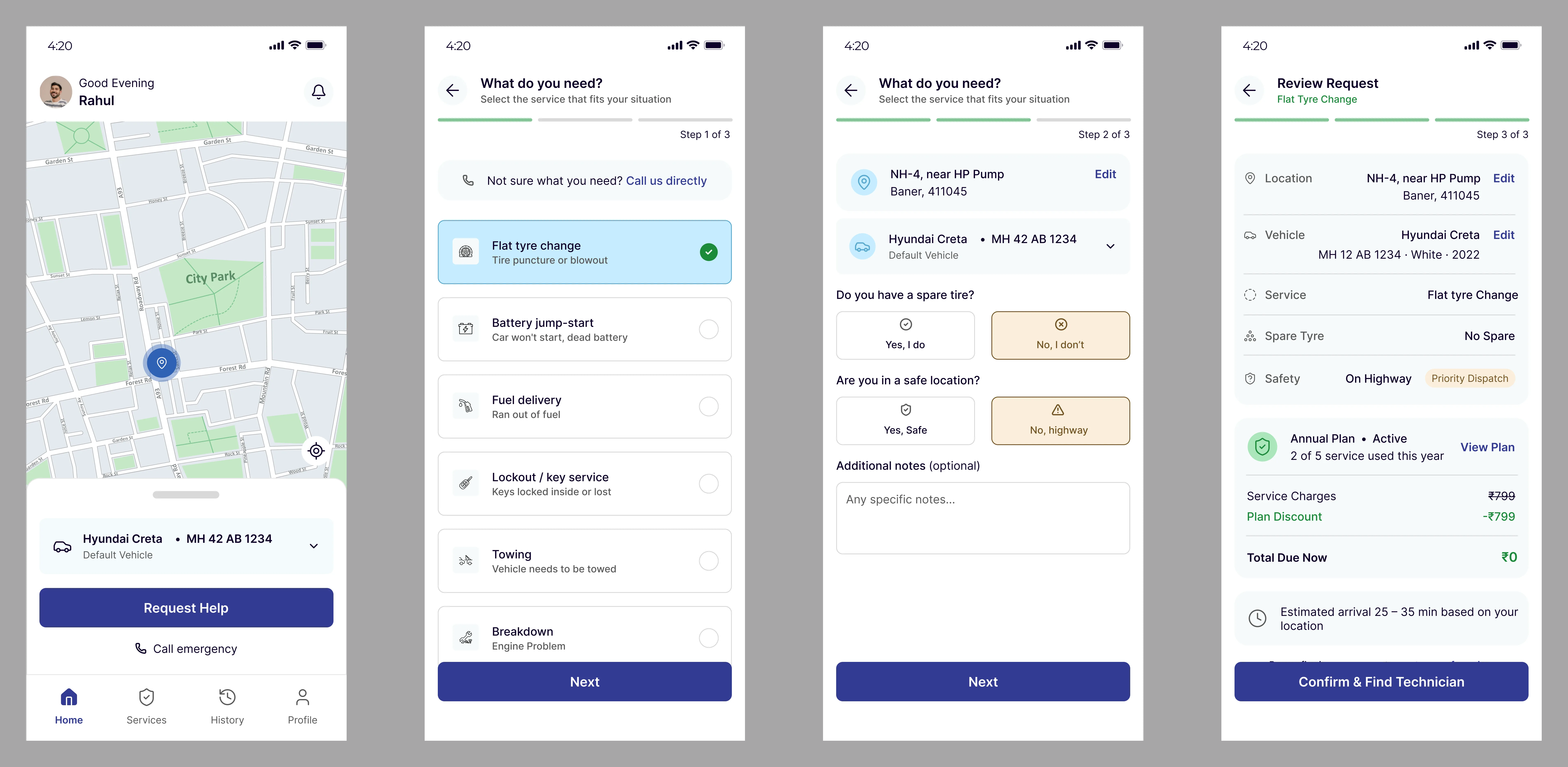 Onroute customer app UI screens: home, service request, live tracking, and completion