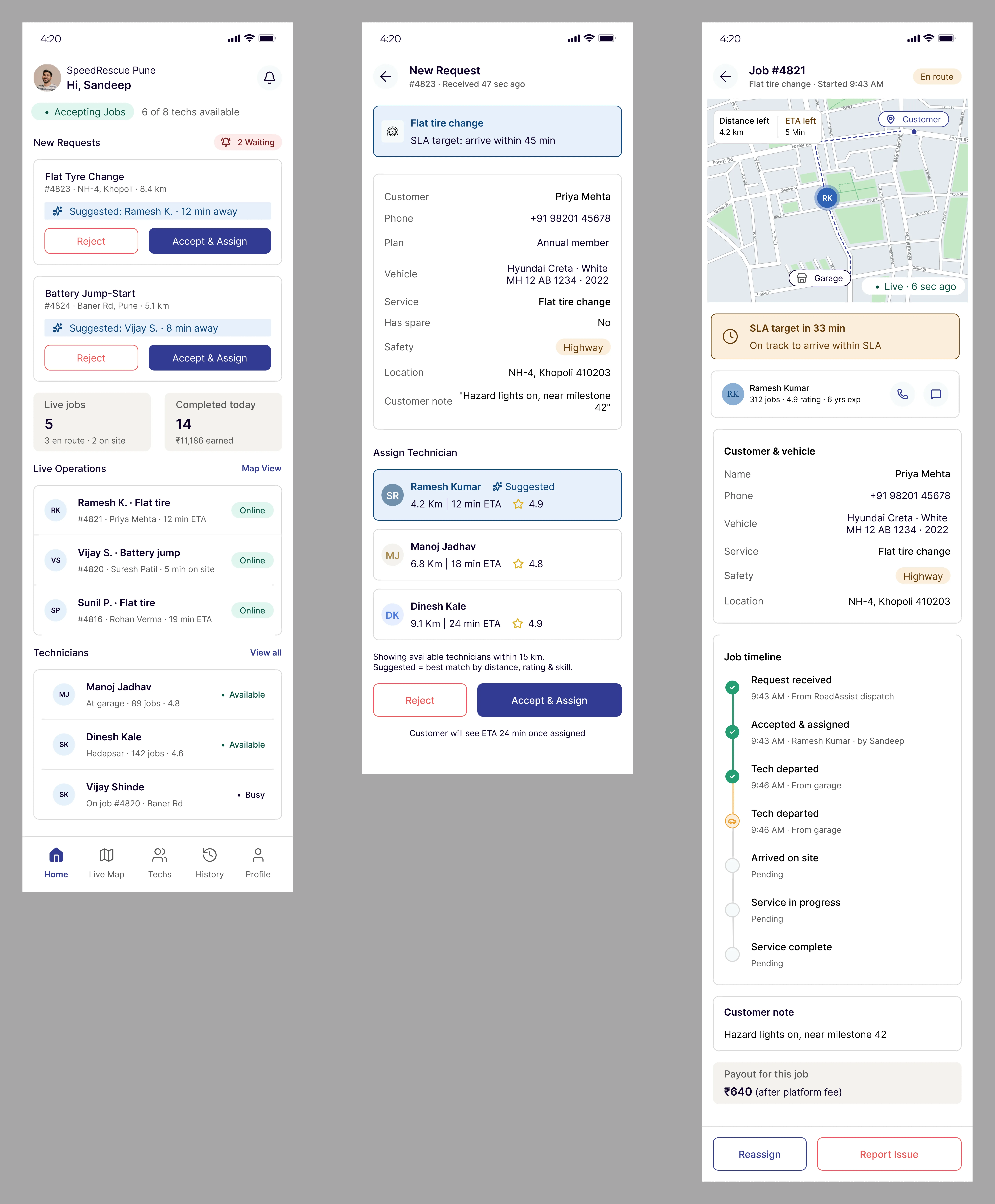 Onroute garage partner app screens: job pipeline, mechanic assignment, and earnings