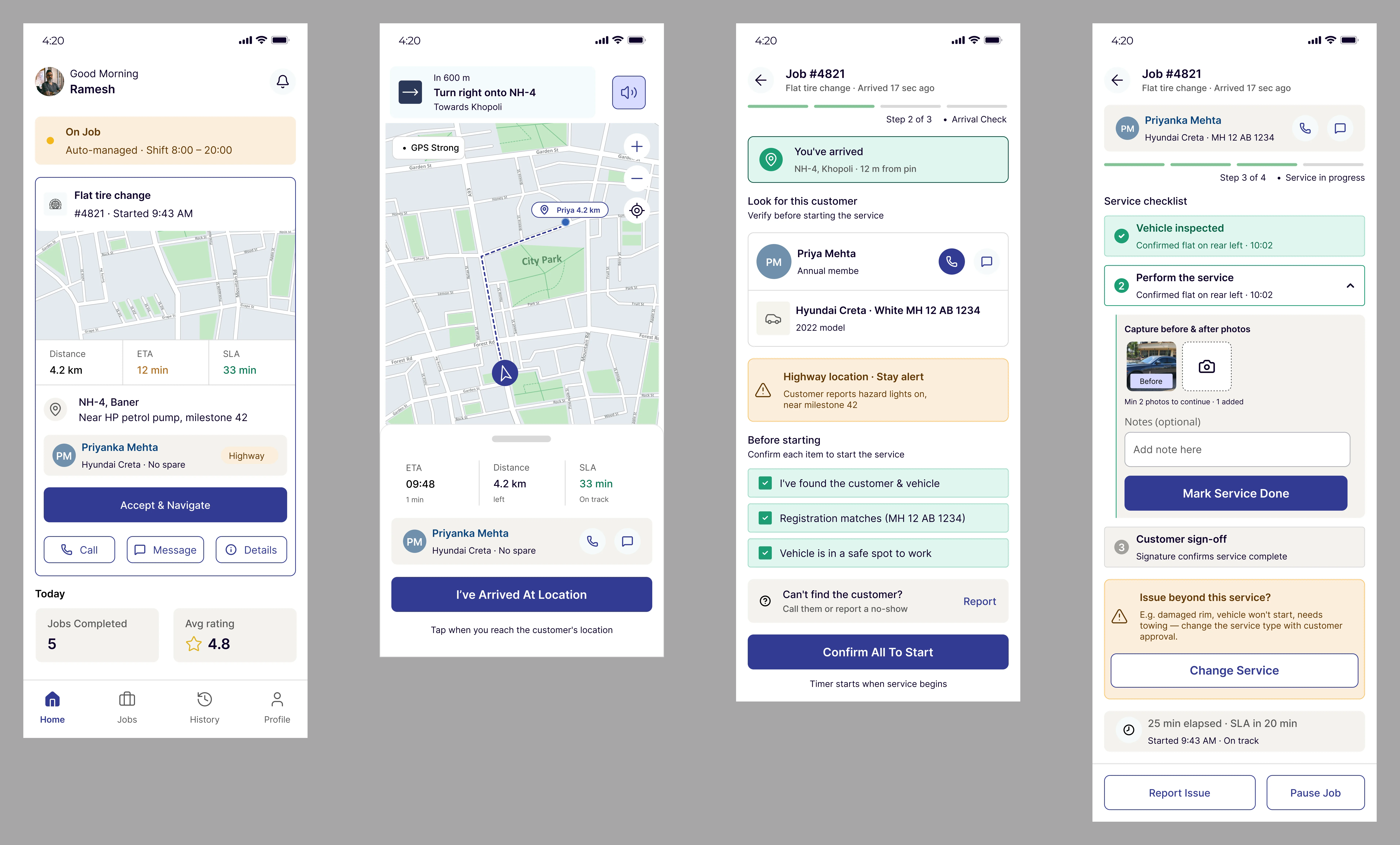 Onroute mechanic app screens: job card, navigation, status updates, and earnings
