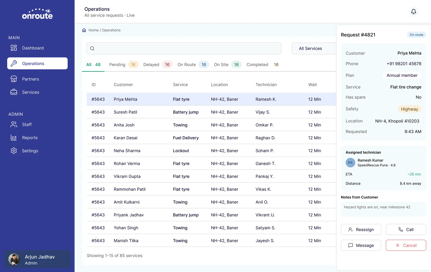 Onroute ops dashboard overview with live job table and alerts