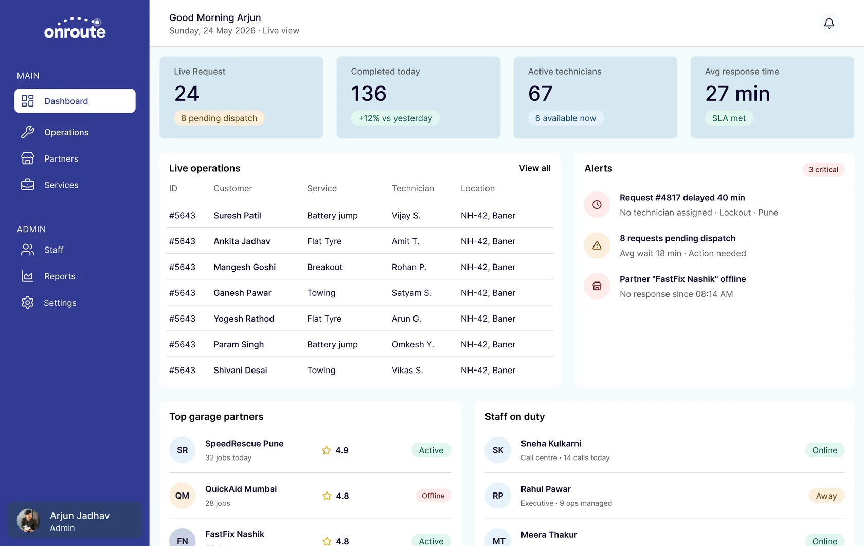 Onroute ops dashboard job assignment and escalation views