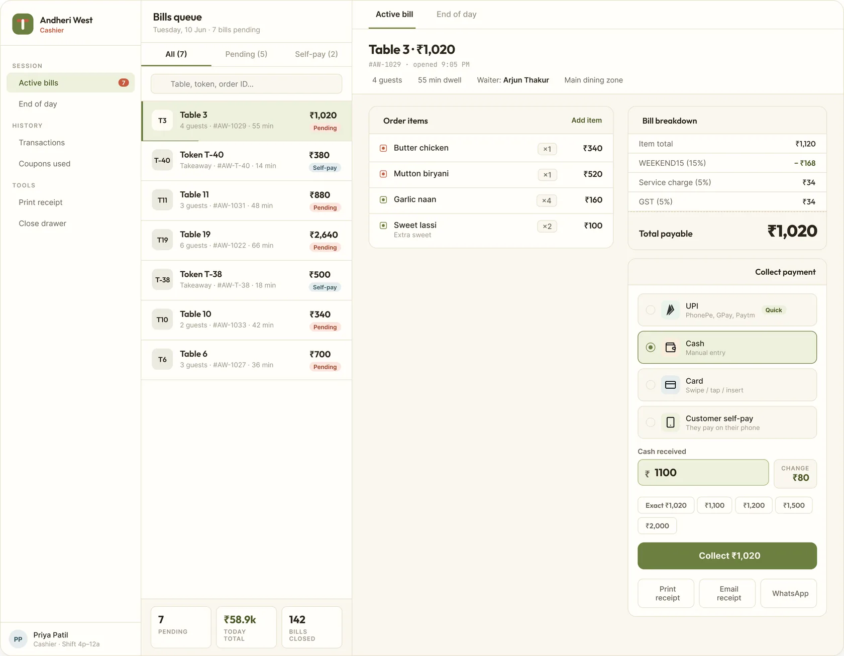 Tableside cashier: auto-populated bill and payment options