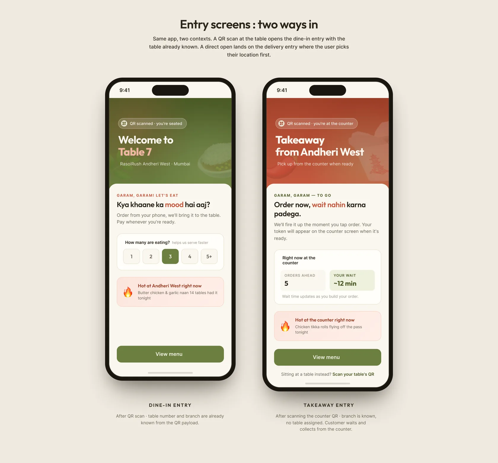 Tableside customer app: scan and menu screens