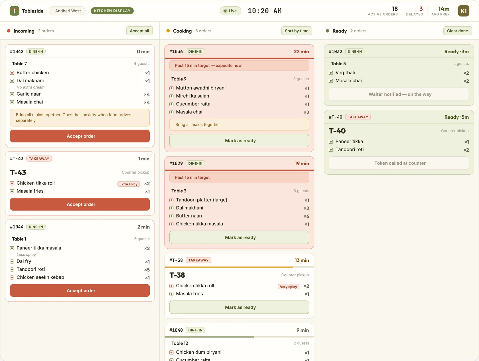 Tableside KDS: colour-coded ticket queue