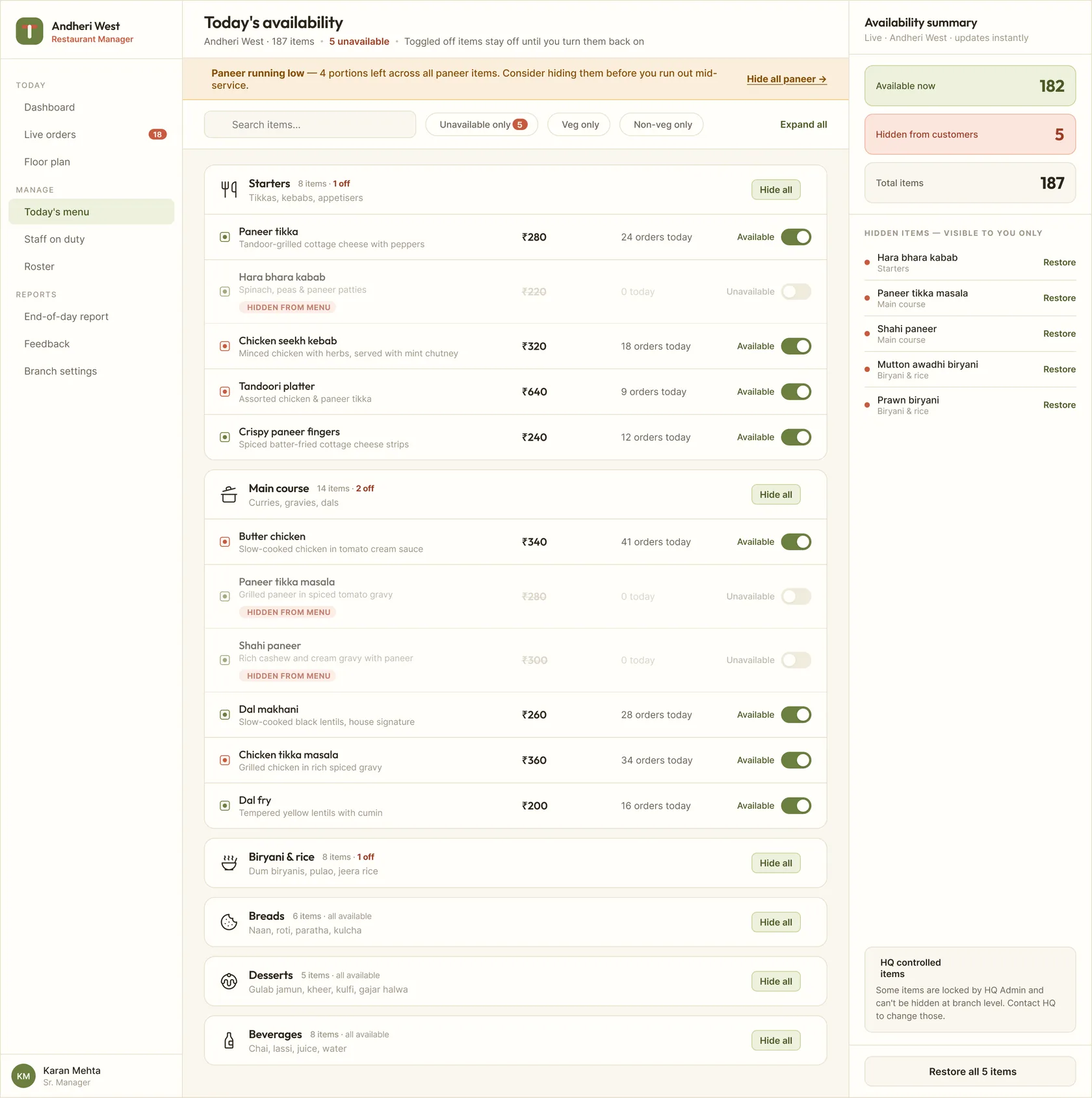 Tableside manager: pending attention list